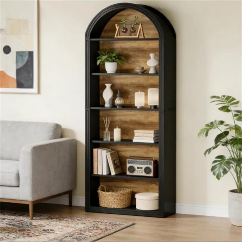 French Arched Wooden Bookshelf | 5-Tier Open Display Cabinet | Living Room & Study Storage Unit