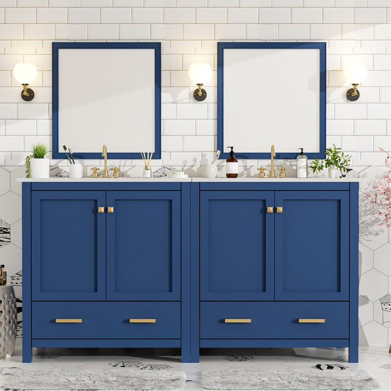 Ensemble de meuble-lavabo bleu 60 po avec lavabos doubles (séparés), lavabos doubles en céramique, tablette de rangement et tiroirs séparés (miroir non inclus) - Solution de salle de bain moderne pour salles de bain spacieuses