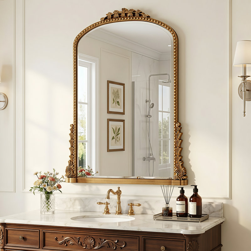 Miroir de salle de bain rétro gravé, miroir mural arqué, 25"×38", Doré