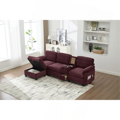 L-Type Multifunctional Corduroy Sofa: 4-Seater Segmented Design With Cup Holder/USB Interface/Storage Box, Equipped With Movable Console+Ottoman Style Storage Space, Optimized For Apt.