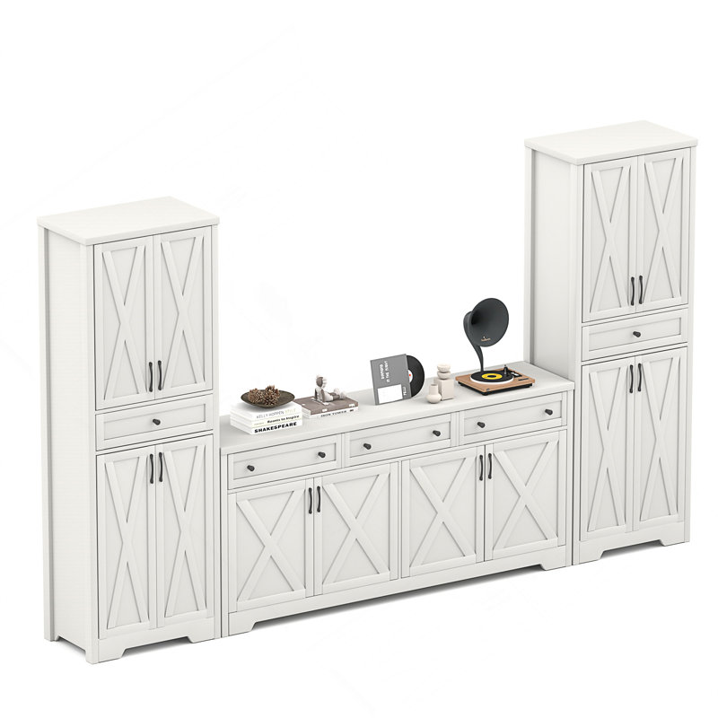 Ensemble de meuble télé mural multifonctionnel, un meuble télé et deux buffets pour le salon, Blanc