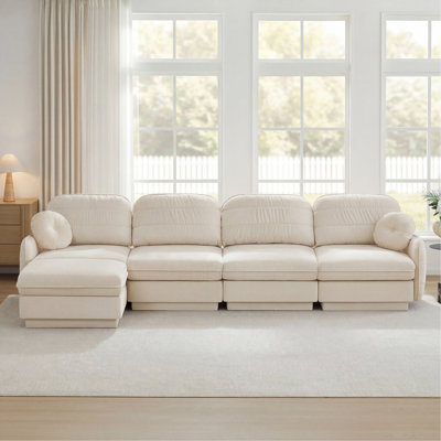 137" Oversize Chenille L-Shaped Sofa,Deep Seat Sofa Couch with Movable Ottoman,Exquisite round pillows and quilted back cushions,Recessed Base Frame Legs,Easy Assembly,Fits Living Room,Cream Beige