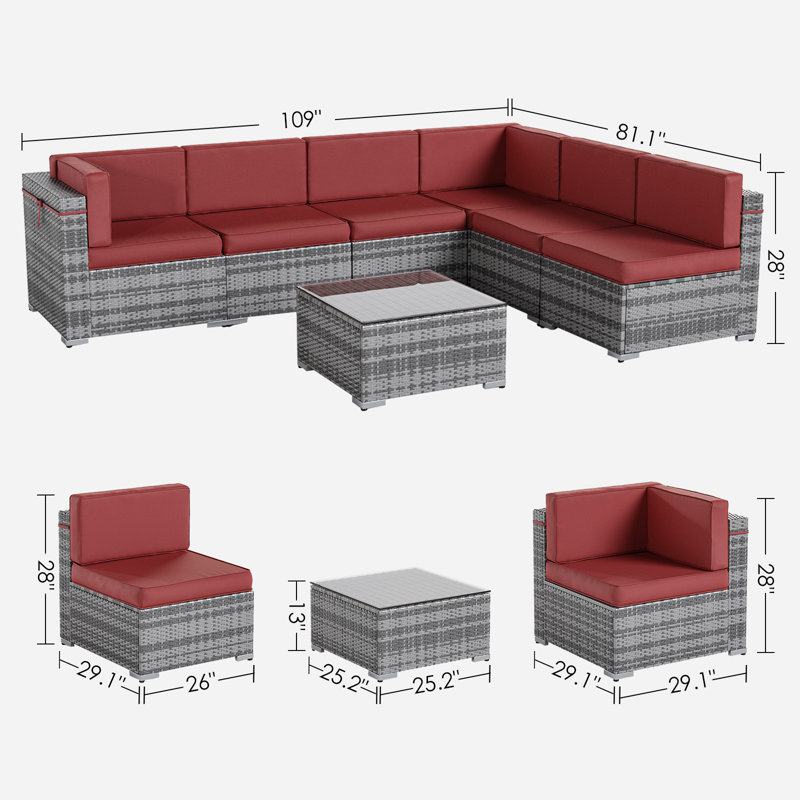 Ensemble de conversation d'extérieur en rotin 9 pièces avec coussins 9 pièces, Rouge, 4
