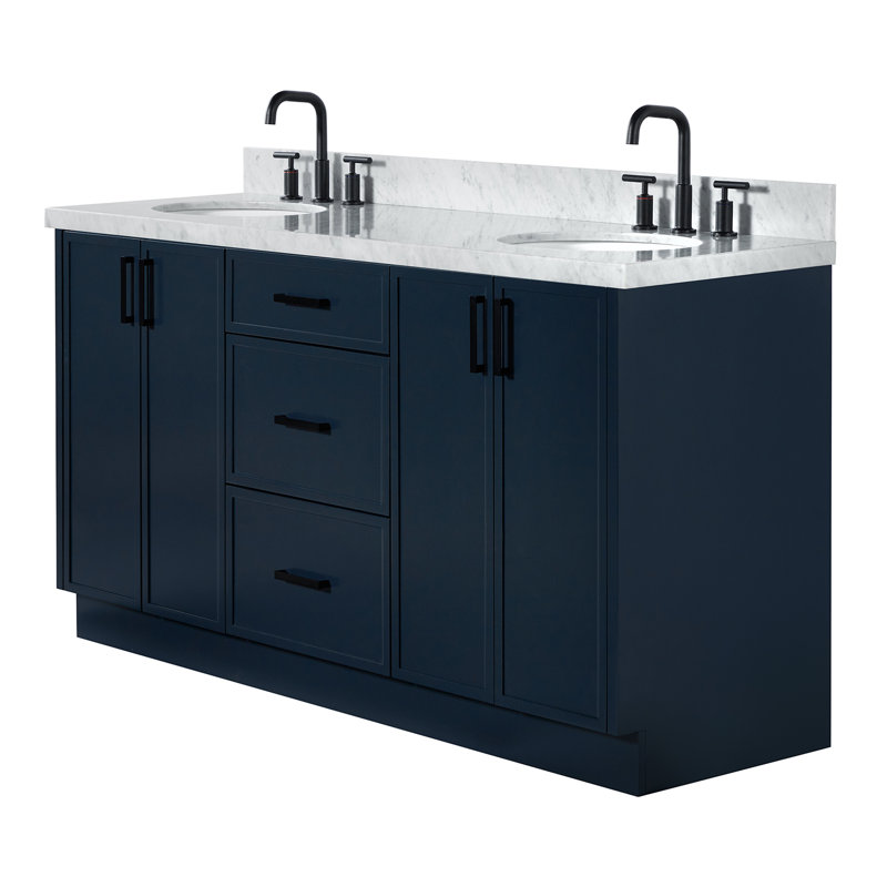 Ariel Kellie 67 Inch Double Oval Sink Bathroom Vanity With Italian Carrara Marble Countertop, Oak