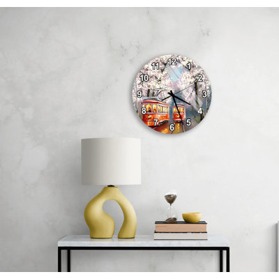 Tempered Glass Wall Clock - Vibrant Urban Scene, Red Streetcar Artwork, Blooming Trees Spring Floral Decor, Unique Home Gift
