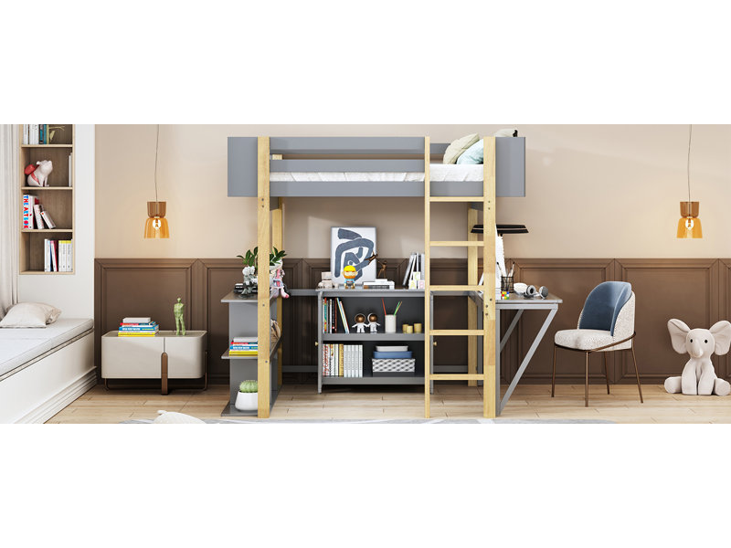 Lit mezzanine en bois avec armoire de rangement intégrée et cubes, bureau pliable, Gris, Lit double