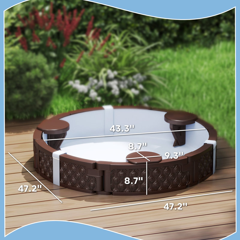 Qaba Kids Sandbox with Cover, Round Sand Pit with 3 Seats, Waterproof Bottom Liner, Weather Resistant Outdoor Sand Box for Backyard, Lawn, Garden, Beach, Patio, Brown