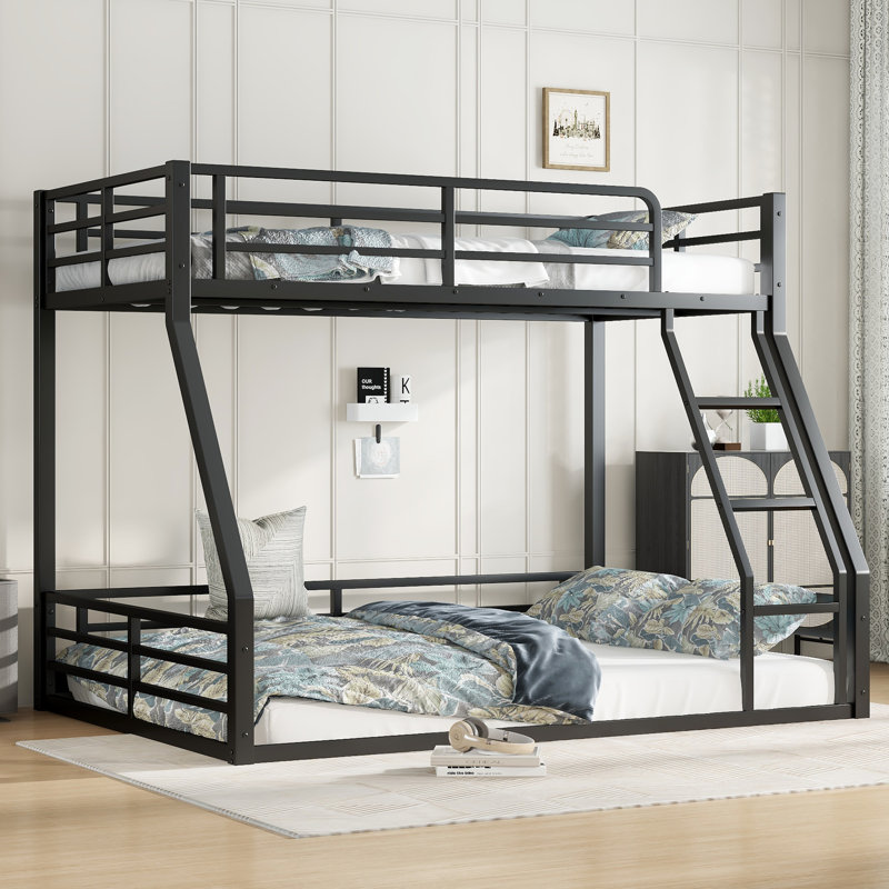 Metal Bunk Bed, Twin XL over Queen Floor Bunk Bed Frame, Heavy-Duty Bunk Bed for Kids, Teens, Adults, Noise-reduced Design, Black