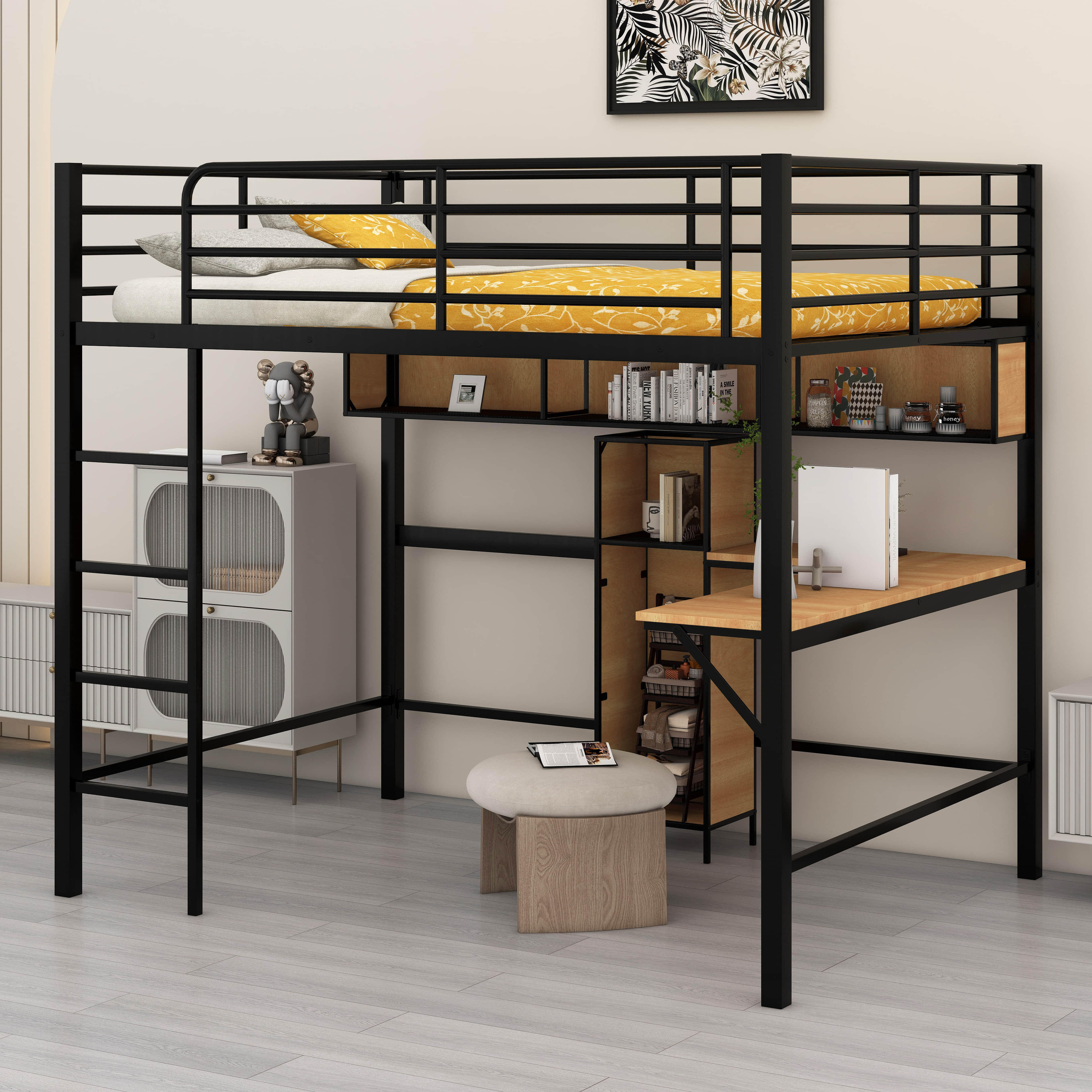 Mason & Marbles Metal Loft Bed With L -Shaped Desk And Shelves ...