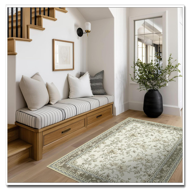 Taupe Beige Tan 4X6 Washable Boho Rug Floral Distressed Carpet For Entryway Bedroom, Rectangle 4' x 6'