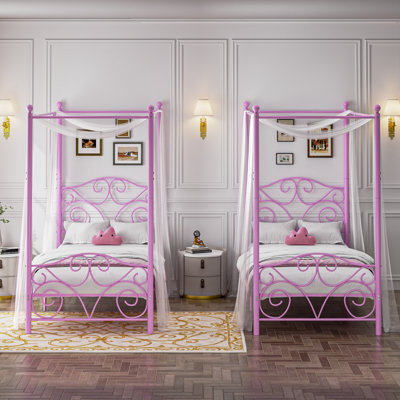 Set Of 2 Twin Size Metal Canopy Bed Frames, Four Poster Platform Beds With Decorative Scroll Headboard And Footboard, Metal Slat Support, No Box Spring Needed, Canopy Beds For Kids Teens Bedroom