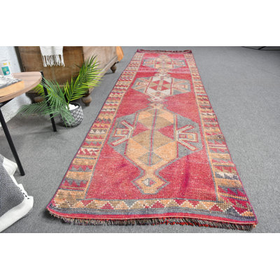 Handmade Wool Turkish Runner Rug in Red Geometric Pattern with Authentic Craftsmanship Blue/Red