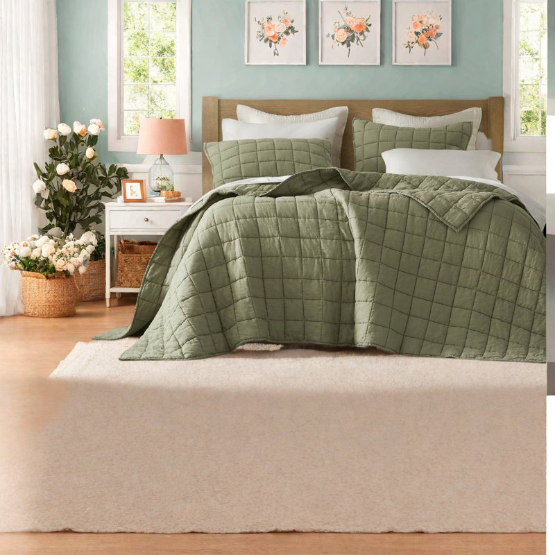 Ensemble de literie de luxe 3 pièces, 100% lin français, très grand / très grand californien, vert olive