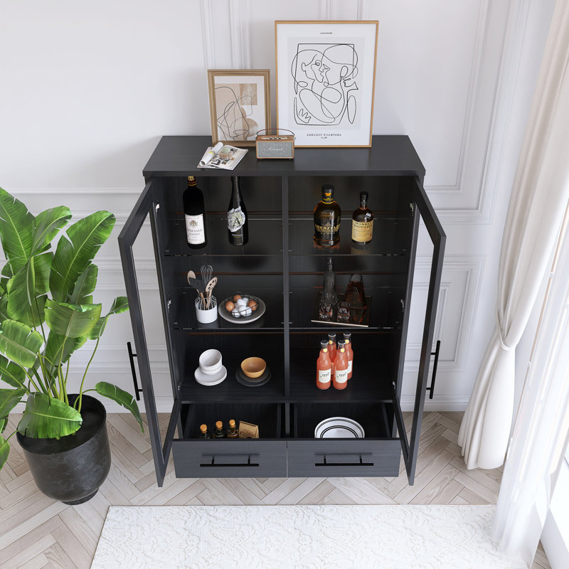 60'' Tall Display Cabinet With 2 Storage Drawers,Led Lighting, Black