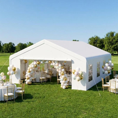 Auvent extérieur de 20 x 32 pi, structure en acier galvanisé, toit en PE imperméable, portes grillagées et enroulables, parois latérales amovibles avec fenêtres