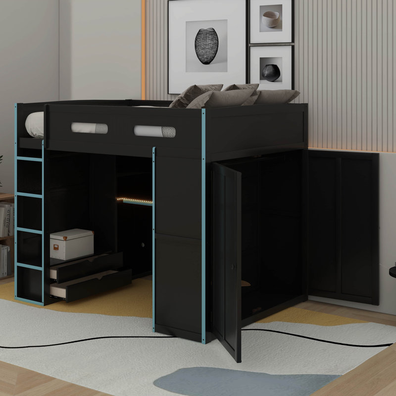 Full Size Wood Loft Bed With Desk,Wardrobe And RGB LED Light, Cloud Blue