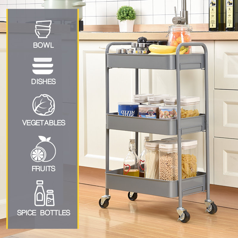 3-Tiers Stainless Steel Utility Cart with Wheels,12*17.3*31.3 inch Rolling Cart,Metal Cart, Salon Trolley Cart,Kitchen Storage Cart,Bathroom Cart
