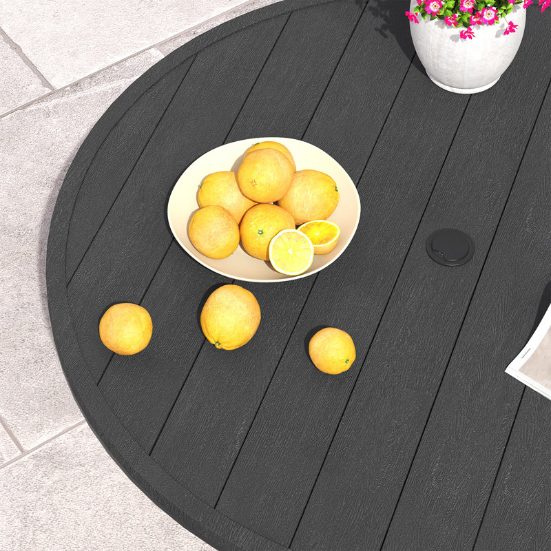 6-Person Patio Dining Set with 56" Round Faux Wood Dining Table and PVC-coated polyester Armrest Chairs, Navy
