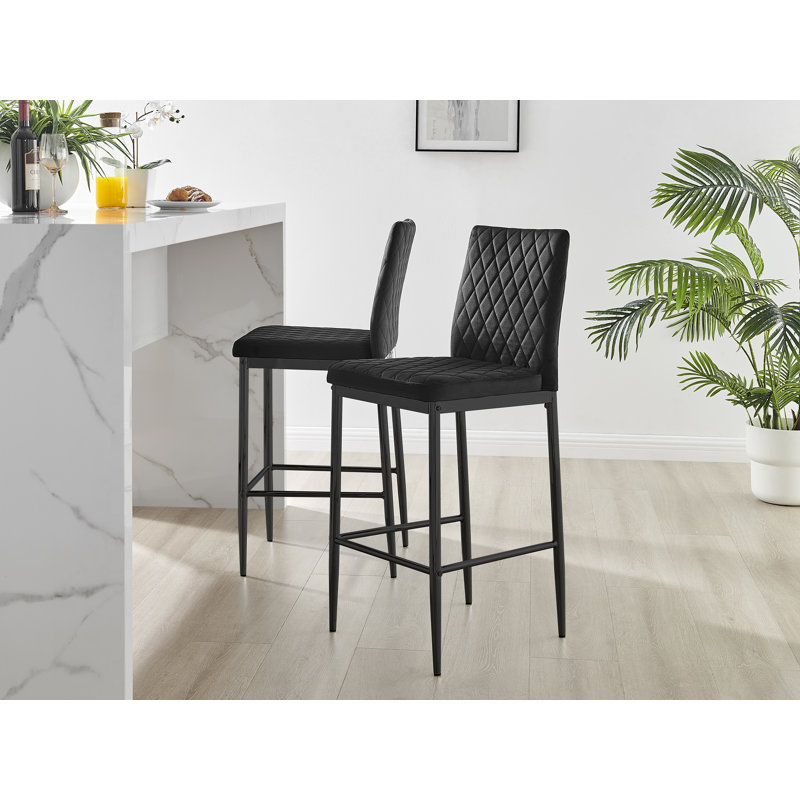 Kenesaw Luxury Breakfast Bar Stool in Quilted Design Velvet Leg - Modern Chic Kitchen, Black, Black