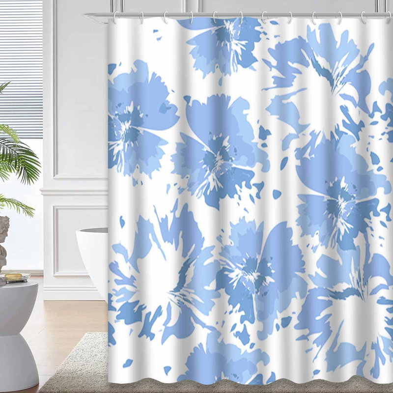 Tie Dye Seamless Drawn Floral Batik Blue Shower Curtain with 12 Hooks, 72" L x 72" W