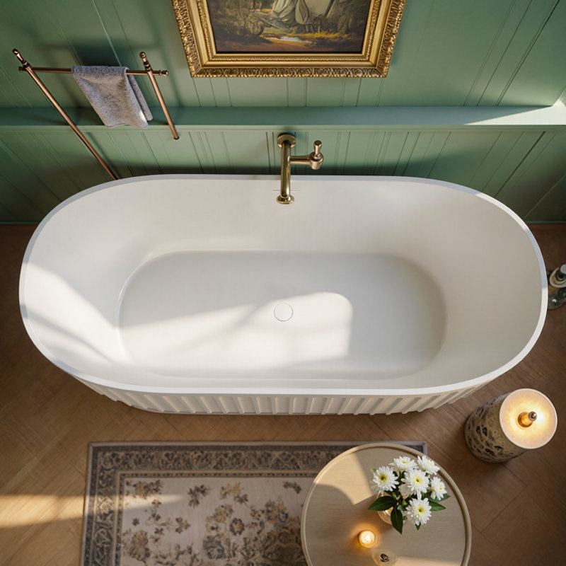 ReedForm 66"×29" Fluted Solid Surface Stone Bathtub, Freestanding Deep Soaking Tub with Overflow, Pop-up Drain