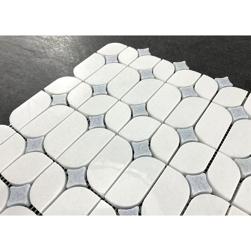 Water Jet Thassos White Marble and Blue Celeste Novelty Mosaic Wall & Floor Tile
