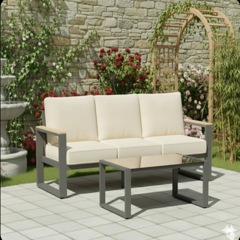 2-Piece 3-Seat Outdoor Sofa Couch Set, Beige/Black