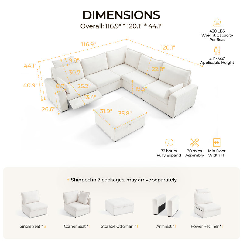 Canapé modulaire surdimensionné en chenille 6 places avec repose-pieds inclinable électrique Olar, Chenille beige