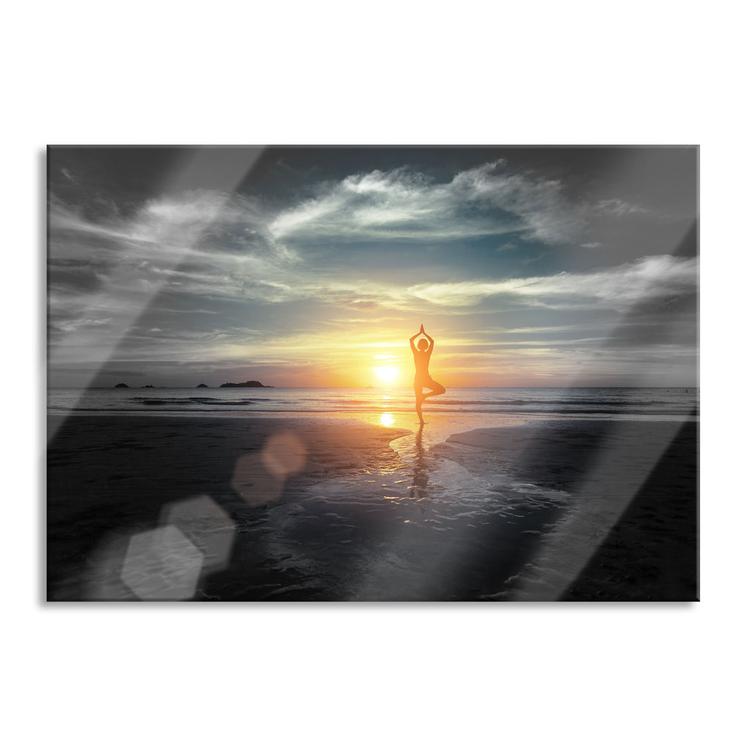 Glasbild | Wandbild Auf Echtglas | Yoga Silhouette Am Strand | 2 Schwarz-Weiss LFy17159