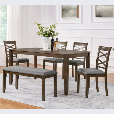 Élégante table de salle à manger en bois 6 pièces avec 4 chaises et un banc. Ensemble de table de salle à manger pour 6 personnes, ensemble de table de salle à manger rectangulaire pour le salon, la cuisine et la salle à manger
