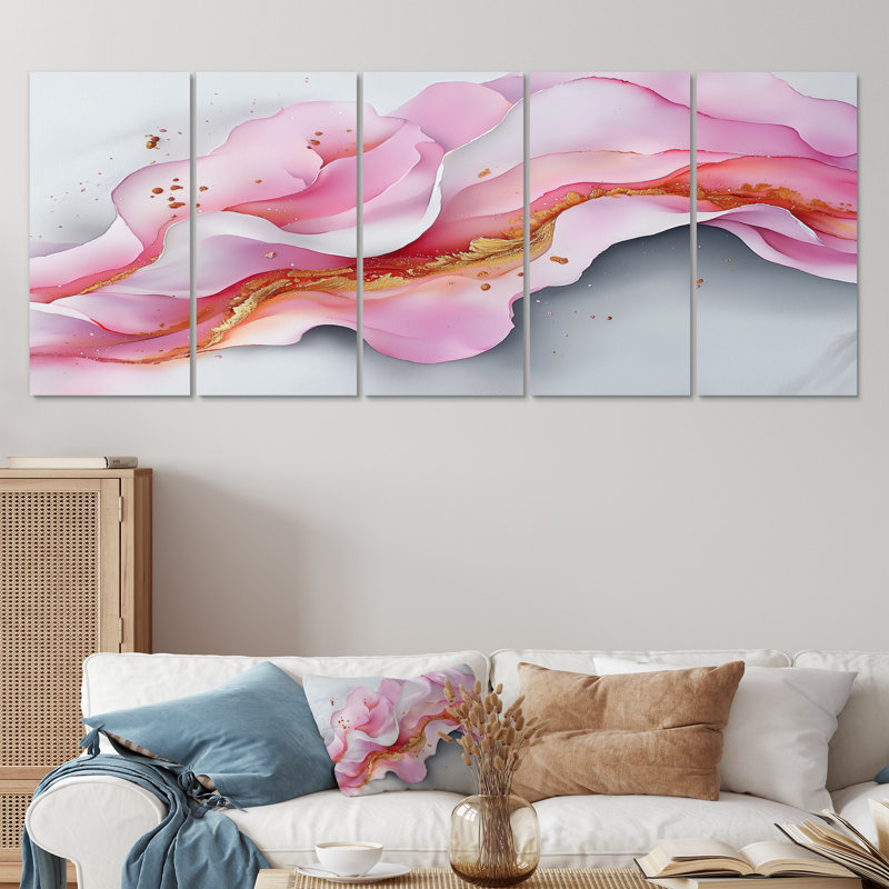 Fondations fluides de Rosa V - Art mural marbré - Art mural moderne sur toile, H 28 po x l 60 po, 5