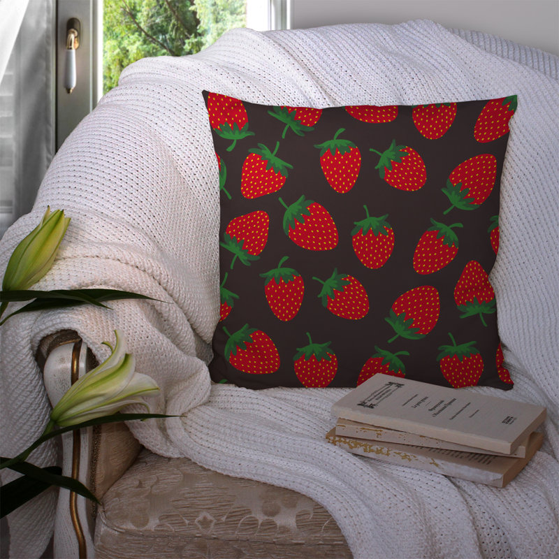Coussin intérieur/extérieur fraises, 14 po x 14 po, Brun / Rouge
