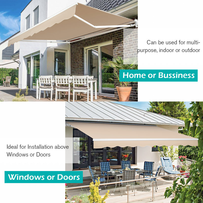 AECOJOY Manual Retraction Slope Patio Awning, Beige, 168" W x 120" D, Solid Color
