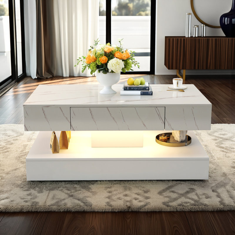 LED Coffee Table with Storage Drawer, Controlled Lights and Remote