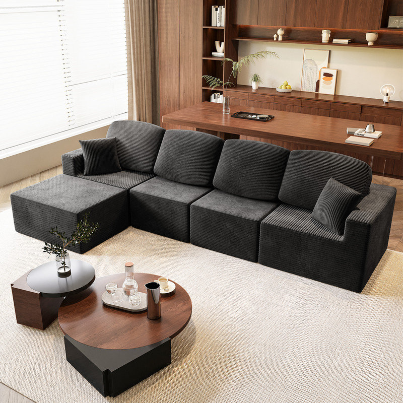 L-Shaped Modular Sectional Couch, Cloud U-Shaped Sectional Sofa with Wide Armrest, Black Corduroy