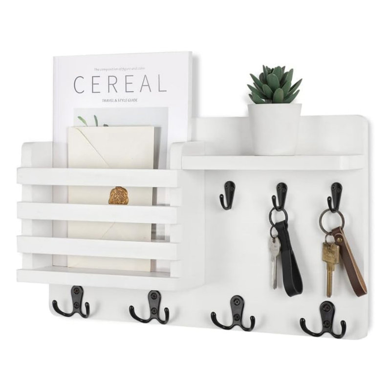 Rustic Dark Brown Wood Wall Mounted Mail Organizer with Key Hooks