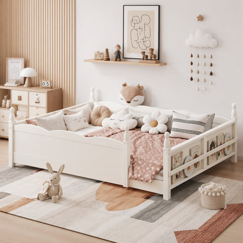 Grand lit sur pied avec garde-corps et bibliothèque Queen Montessori, Grand lit, Beige