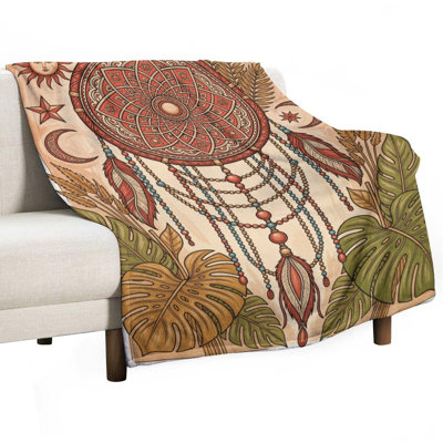 Intricate Mandala Dreamcatcher With Feathers Luxury Flannel Throw Blanket, Soft Warm Fuzzy Blanket for Living Room Sofa Bed Home Decor