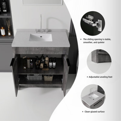 Meuble-lavabo autoportant de 91 cm (36 po) avec lavabo, porte à fermeture amortie, comptoir et dosseret en marbre synthétique blanc granité de 5 cm (2 po), contreplaqué