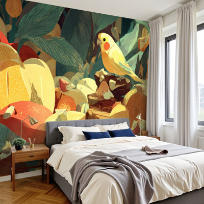 Papier peint pelez et collez, art mural joyeux perroquet, fruits vifs H 100 po x l 144 po, papier peint amovible en PVC, adhésif mural pour chambre à coucher, bureau à domicile
