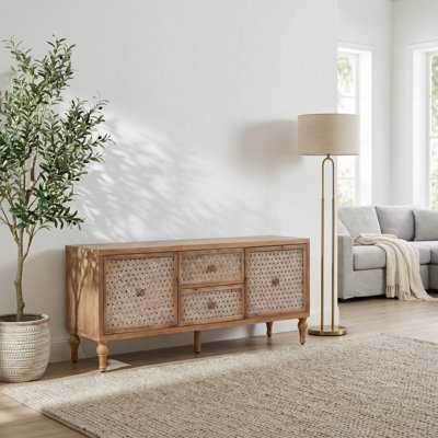 Mid-Century Modern Rattan Media Console with Storage Drawers and Adjustable Shelving