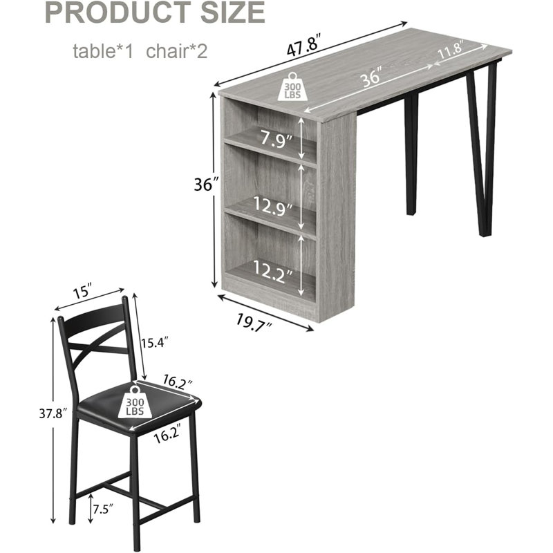 3 Piece Dining Table Set, Gray, Gray