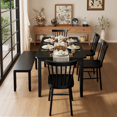 Ensemble de table de salle à manger en bois massif 6 pièces, finition noire moderne avec 4 chaises et 1 banc, pour la cuisine et la salle à manger