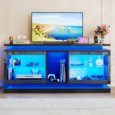 Meuble audio-vidéo moderne avec lumières DEL, meuble télé ultrabrillant avec prise de courant, tablettes ouvertes