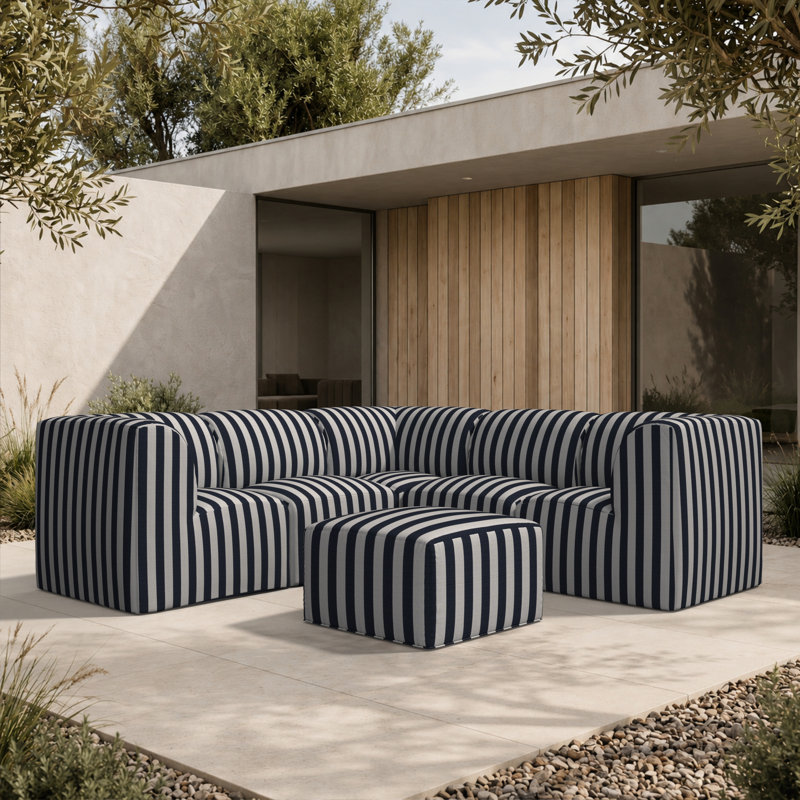 Canapé modulaire rembourré en L avec repose-pieds et coussins Sunbrella 6 pièces Praia Essie, Brume expressive