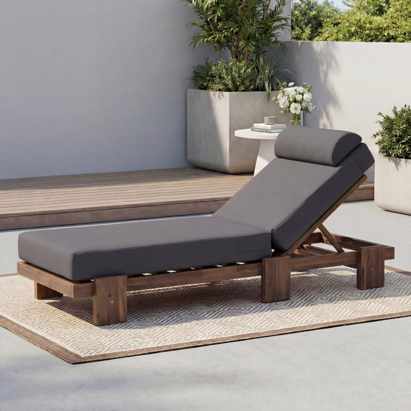 78.8" Acacia Wood Outdoor Chaise Lounge, Adjustable Recliner with Headrest & Retractable Side Tray for Patio, Poolside, Garden
