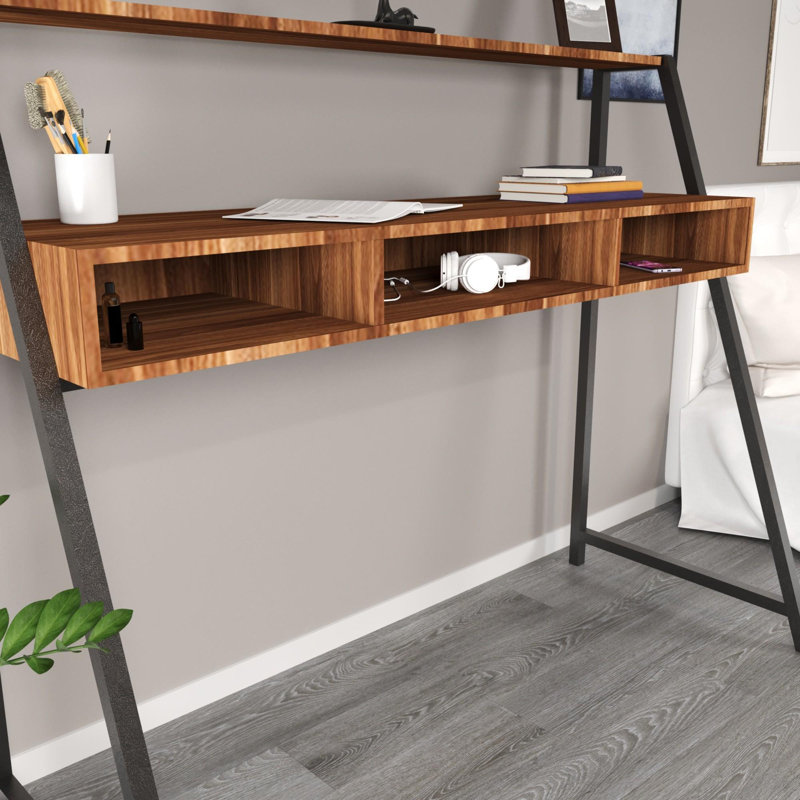 Bureau d'étude moderne, finition noyer, 55,1 po x 47,6 po x 27,6 po | 100% panneau de particules enduit de mélamine, 0,7 po d'épaisseur | Pieds électrostatiques en métal thermolaqué | Conception spacieuse avec tablette de 11,8 pouces de hauteur, parfaite pour le bureau à domicile
