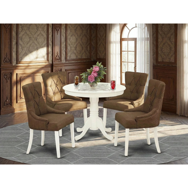 Refrenshire Solid Wood Dining Set, 5 Pieces: Table, 4 Chairs, Linen White / Dark Coffee