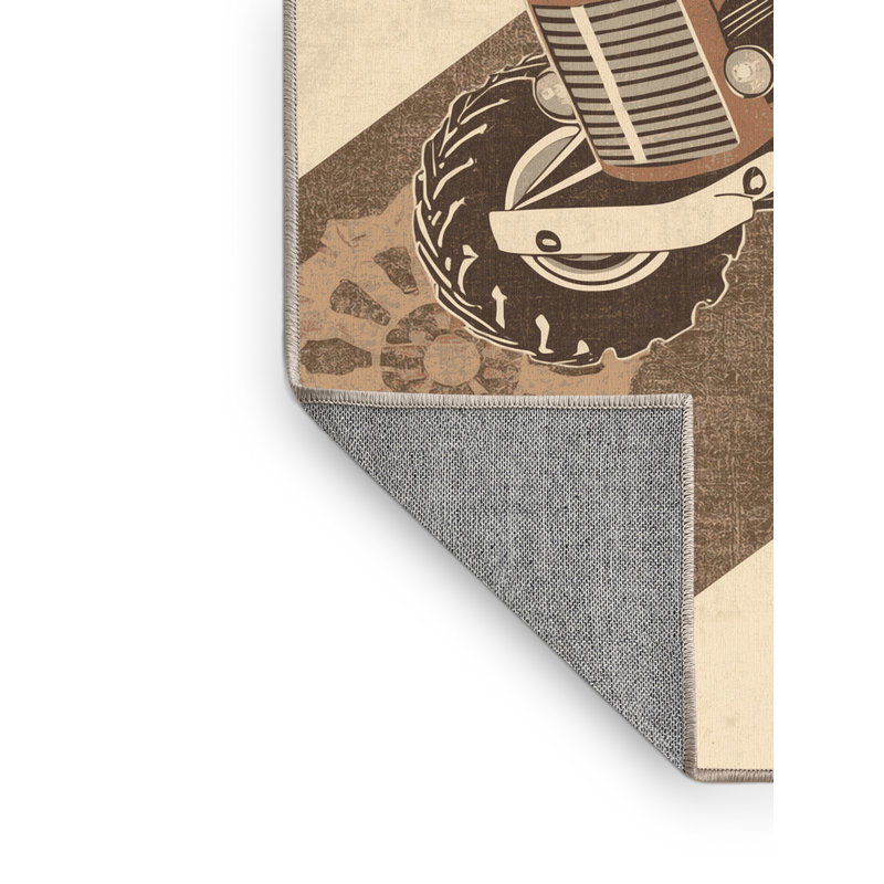 Machine Washable Kendari Tractor Farm Vehicle Country Rustic Block Print Rug in Beige – Beige Binding, 2x4