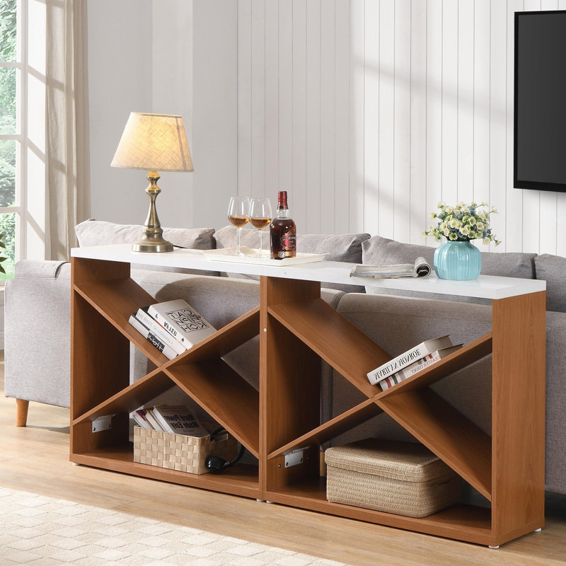 70.8''L Detachable X Shape Console Table Extra Long Table With Storage For Home, White, Brown